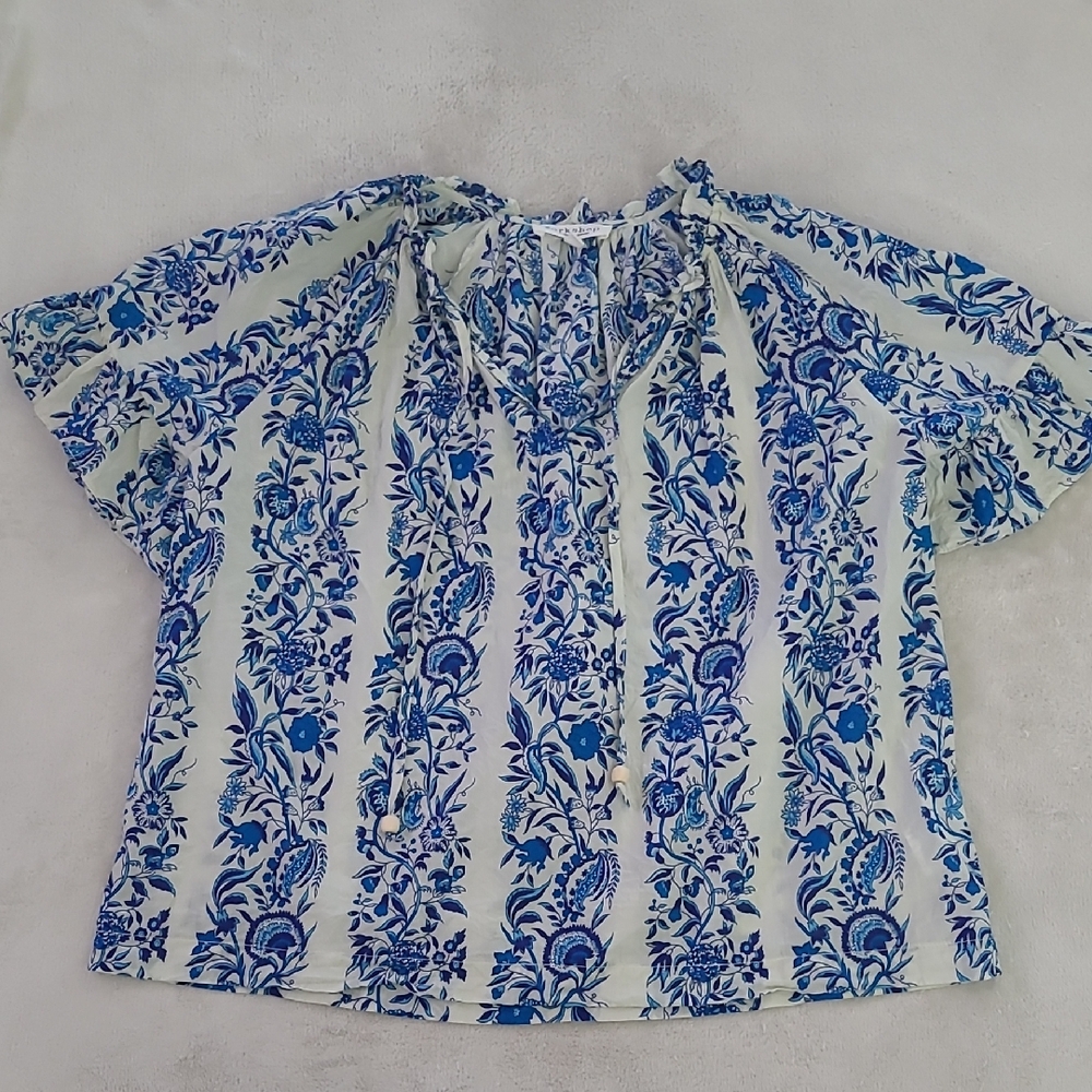 Workshop Republic Boho Floral Blouse Blue White Peasant Top Tie Neck Cotton S
